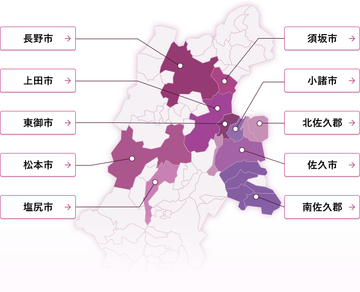 長野県長野市・上田市・東御市・松本市・塩尻市・須坂市・小諸市・北佐久郡・佐久市・南佐久郡を示す地図